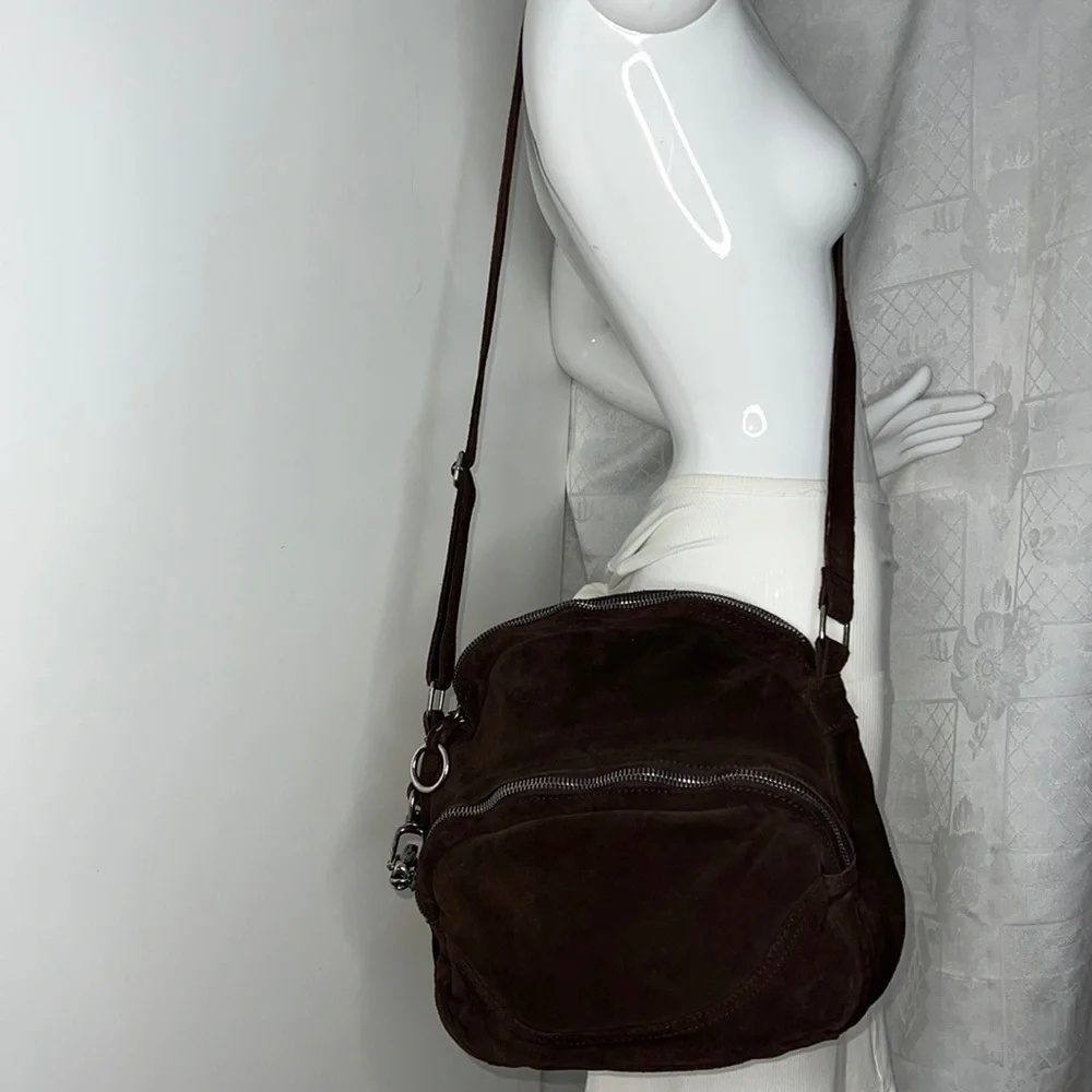Sissi Rossi Brown Suede Large Zippered Crossbody Bag
